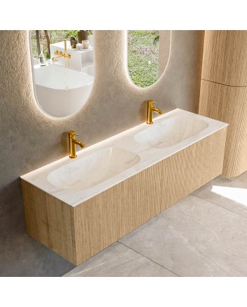 Mondiaz Kurve-Dlux 150cm badmeubel kleur Oak met 2 lades en 0 deuren. Wastafel Stor small Dubbel 2 kraangaten Ostra.