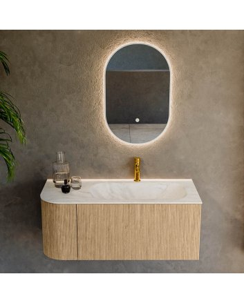 Mondiaz Kurve-Dlux 105cm badmeubel ronding Links kleur Oak met 1 lade en 1 deur. Wastafel Big small Rechts 1 kraangat Ostra.
