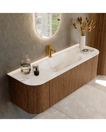 Mondiaz Kurve-Dlux 140cm badmeubel ronding Links + Rechts kleur Walnut met 1 lade en 2 deuren. Wastafel Big small Midden 1 kraangat Frappe.