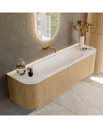 Mondiaz Kurve-Dlux 160cm badmeubel ronding Links + Rechts kleur Oak met 1 lade en 2 deuren. Wastafel Big medium Midden zonder kraangat Opalo.