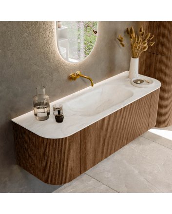 Mondiaz Kurve-Dlux 140cm badmeubel ronding Links + Rechts kleur Walnut met 1 lade en 2 deuren. Wastafel Big small Midden zonder kraangat Ostra.