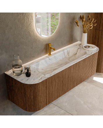 Mondiaz Kurve-Dlux 150cm badmeubel ronding Links + Rechts kleur Walnut met 1 lade en 2 deuren. Wastafel Big medium Midden 1 kraangat Glace.