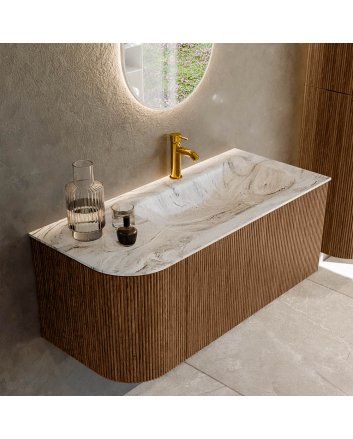 Mondiaz Kurve-Dlux 105cm badmeubel ronding Links kleur Walnut met 1 lade en 1 deur. Wastafel Big small Rechts 1 kraangat Glace.