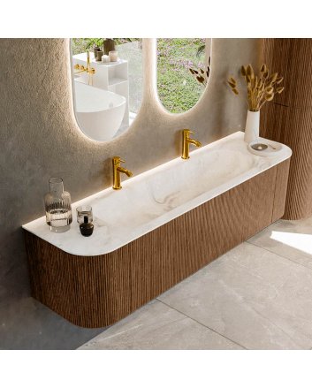 Mondiaz Kurve-Dlux 170cm badmeubel ronding Links + Rechts kleur Walnut met 1 lade en 2 deuren. Wastafel Big large Midden 2 kraangaten Frappe.