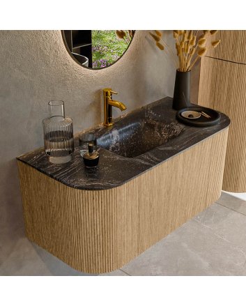Mondiaz Kurve-Dlux 100cm badmeubel ronding Links + Rechts kleur Oak met 1 lade en 2 deuren. Wastafel Grunne Midden 1 kraangat Lava.