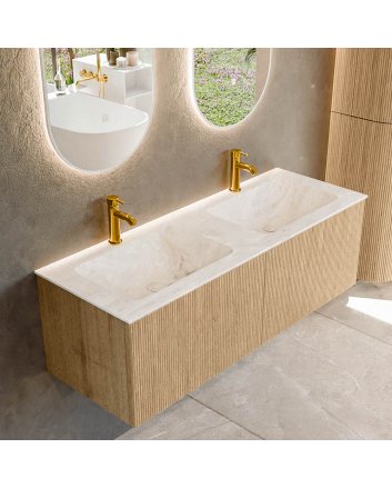 Mondiaz Kurve-Dlux 130cm badmeubel kleur Oak met 2 lades en 0 deuren. Wastafel Leaf Dubbel 2 kraangaten Frappe.