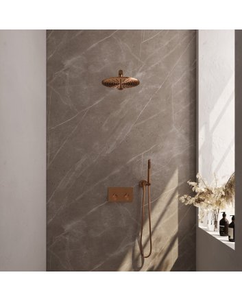 BRAUER Copper Carving thermostatische inbouw regendouche met drukknoppen SET 50 met 30 cm douchekop en rechte muurarm en staaf handdouche en doucheslang en wandaansluitbocht koper geborsteld PVD