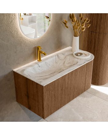 Mondiaz Kurve-Dlux 95cm badmeubel ronding Rechts kleur Walnut met 1 lade en 1 deur. Wastafel Big small Links 1 kraangat Glace.