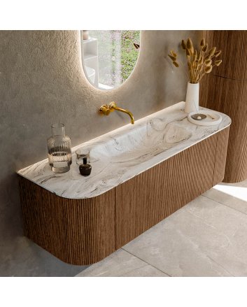 Mondiaz Kurve-Dlux 140cm badmeubel ronding Links + Rechts kleur Walnut met 1 lade en 2 deuren. Wastafel Big small Midden zonder kraangat Glace.