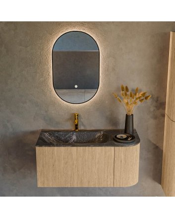 Mondiaz Kurve-Dlux 95cm badmeubel ronding Rechts kleur Oak met 1 lade en 1 deur. Wastafel Big small Links 1 kraangat Lava.