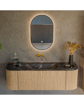 Mondiaz Kurve-Dlux 140cm badmeubel ronding Links + Rechts kleur Oak met 1 lade en 2 deuren. Wastafel Big small Midden zonder kraangat Lava.
