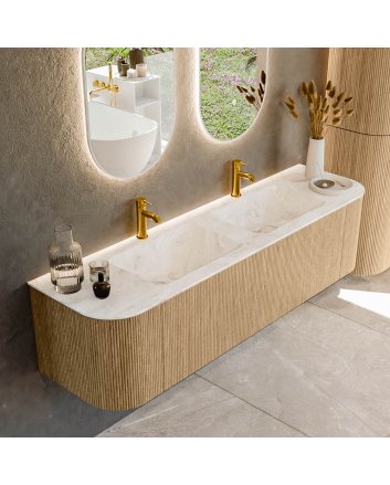 Mondiaz Kurve-Dlux 170cm badmeubel ronding Links + Rechts kleur Oak met 1 lade en 2 deuren. Wastafel Leaf Dubbel 2 kraangaten Frappe.