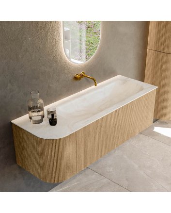 Mondiaz Kurve-Dlux 135cm badmeubel ronding Links kleur Oak met 1 lade en 1 deur. Wastafel Big medium Rechts zonder kraangat Ostra.