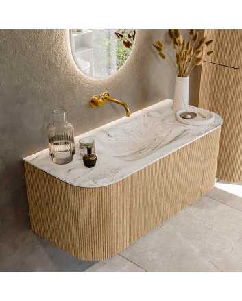 Mondiaz Kurve-Dlux 110cm badmeubel ronding Links + Rechts kleur Oak met 1 lade en 2 deuren. Wastafel Cloud Midden zonder kraangat Glace.