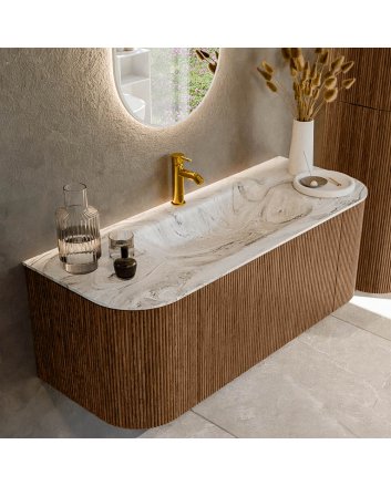 Mondiaz Kurve-Dlux 120cm badmeubel ronding Links + Rechts kleur Walnut met 1 lade en 2 deuren. Wastafel Big small Midden 1 kraangat Glace.