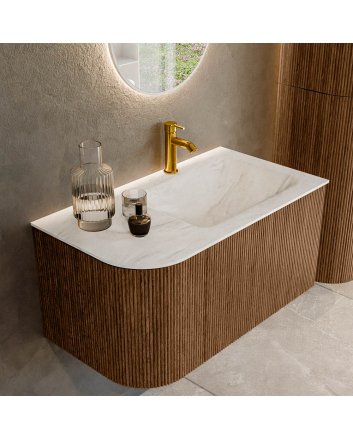 Mondiaz Kurve-Dlux 85cm badmeubel ronding Links kleur Walnut met 1 lade en 1 deur. Wastafel Cloud Rechts 1 kraangat Ostra.