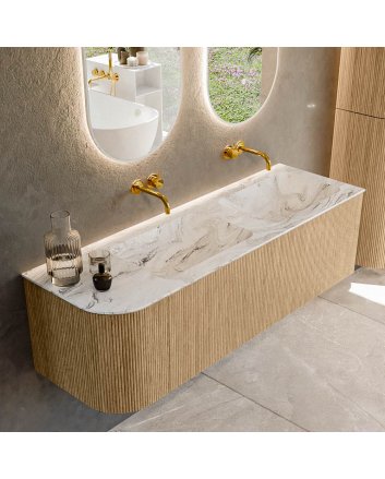 Mondiaz Kurve-Dlux 145cm badmeubel ronding Links kleur Oak met 1 lade en 1 deur. Wastafel Leaf Dubbel / Rechts zonder kraangat Glace.