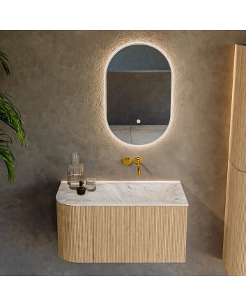 Mondiaz Kurve-Dlux 85cm badmeubel ronding Links kleur Oak met 1 lade en 1 deur. Wastafel Cloud Rechts zonder kraangat Glace.