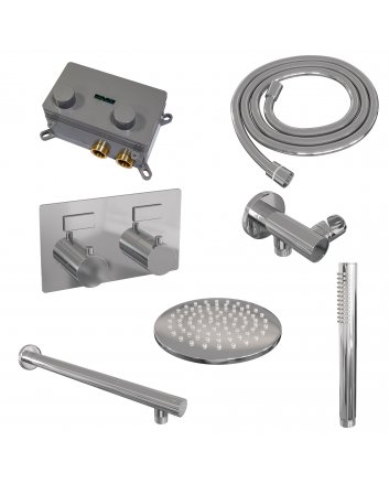 BRAUER Chrome Edition thermostatische inbouw regendouche met drukknoppen SET 49 met 20 cm douchekop en rechte muurarm en staaf handdouche en doucheslang en wandaansluitbocht chroom