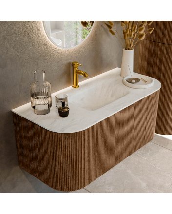 Mondiaz Kurve-Dlux 100cm badmeubel ronding Links + Rechts kleur Walnut met 1 lade en 2 deuren. Wastafel Grunne Midden 1 kraangat Opalo.