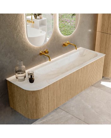 Mondiaz Kurve-Dlux 145cm badmeubel ronding Links kleur Oak met 1 lade en 1 deur. Wastafel Big large Rechts zonder kraangat Ostra.