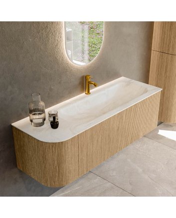Mondiaz Kurve-Dlux 135cm badmeubel ronding Links kleur Oak met 1 lade en 1 deur. Wastafel Big medium Rechts 1 kraangat Ostra.