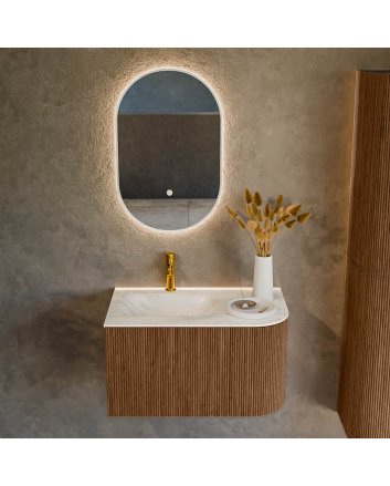 Mondiaz Kurve-Dlux 75cm badmeubel ronding Rechts kleur Walnut met 1 lade en 1 deur. Wastafel Grunne Links 1 kraangat Ostra.