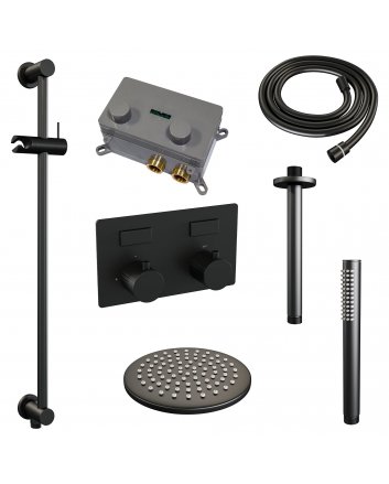 BRAUER Black Carving thermostatische inbouw regendouche met drukknoppen SET 65 met 20 cm douchekop en plafondarm en staaf handdouche en doucheslang en geïntegreerde glijstang mat zwart