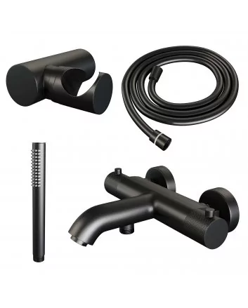 BRAUER Black Carving opbouw baddouche thermostaatkraan SET 03 met wandhouder en staaf handdouche en doucheslang mat zwart