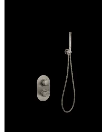 Sani DeLuxe Badset inbouw met box thermostaat, muurbevestiging / doucheslang, staafhanddouche rond Gun Metal met geribbeld knop