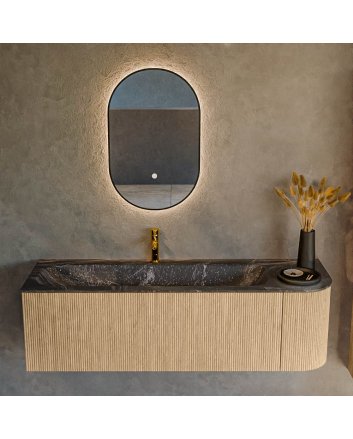 Mondiaz Kurve-Dlux 145cm badmeubel ronding Rechts kleur Oak met 1 lade en 1 deur. Wastafel Big large Links 1 kraangat Lava.