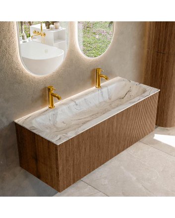 Mondiaz Kurve-Dlux 120cm badmeubel kleur Walnut met 1 lade en 0 deuren. Wastafel Big large Midden 2 kraangaten Glace.