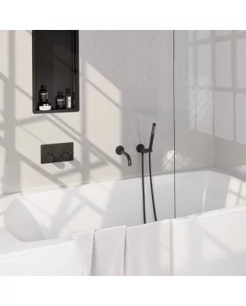 BRAUER Black Carving thermostatische inbouw badkraan met drukknoppen SET 03 met uitloop en staaf handdouche en doucheslang en wandaansluitbocht mat zwart