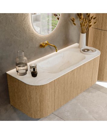 Mondiaz Kurve-Dlux 120cm badmeubel ronding Links + Rechts kleur Oak met 1 lade en 2 deuren. Wastafel Big small Midden zonder kraangat Ostra.