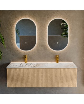 Mondiaz Kurve-Dlux 140cm badmeubel kleur Oak met 2 lades en 0 deuren. Wastafel Stor small Dubbel 2 kraangaten Glace.