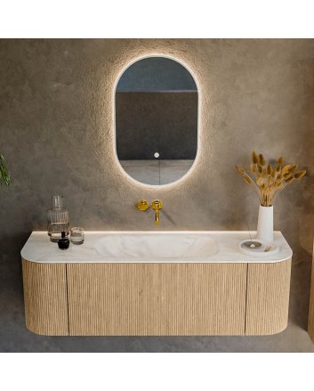Mondiaz Kurve-Dlux 140cm badmeubel ronding Links + Rechts kleur Oak met 1 lade en 2 deuren. Wastafel Big small Midden zonder kraangat Ostra.
