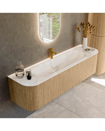 Mondiaz Kurve-Dlux 170cm badmeubel ronding Links + Rechts kleur Oak met 1 lade en 2 deuren. Wastafel Big large Midden 1 kraangat Frappe.