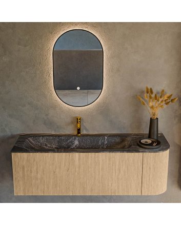Mondiaz Kurve-Dlux 135cm badmeubel ronding Rechts kleur Oak met 1 lade en 1 deur. Wastafel Big medium Links 1 kraangat Lava.