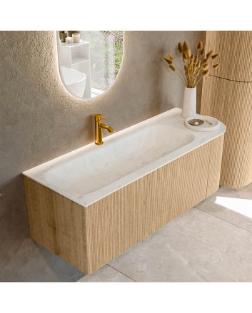 Mondiaz Kurve-Dlux 125cm badmeubel ronding Rechts kleur Oak met 1 lade en 1 deur. Wastafel Big medium Links 1 kraangat Opalo.
