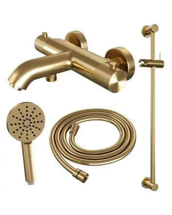 BRAUER Gold Carving opbouw baddouche thermostaatkraan SET 02 met glijstang en 3-standen handdouche en doucheslang goud geborsteld PVD