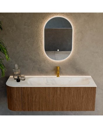 Mondiaz Kurve-Dlux 135cm badmeubel ronding Links kleur Walnut met 1 lade en 1 deur. Wastafel Big medium Rechts 1 kraangat Ostra.