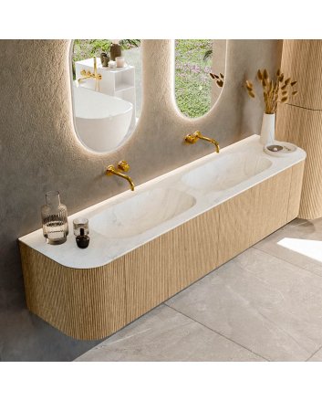 Mondiaz Kurve-Dlux 190cm badmeubel ronding Links + Rechts kleur Oak met 2 lades en 2 deuren. Wastafel Stor small Dubbel zonder kraangat Opalo.