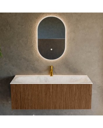 Mondiaz Kurve-Dlux 120cm badmeubel kleur Walnut met 1 lade en 0 deuren. Wastafel Big large Midden 1 kraangat Frappe.