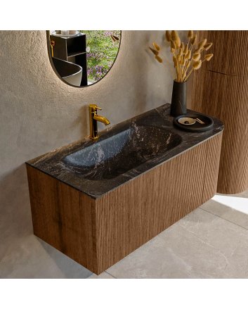 Mondiaz Kurve-Dlux 105cm badmeubel ronding Rechts kleur Walnut met 1 lade en 1 deur. Wastafel Big small Links 1 kraangat Lava.