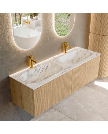 Mondiaz Kurve-Dlux 140cm badmeubel kleur Oak met 2 lades en 0 deuren. Wastafel Stor small Dubbel 2 kraangaten Glace.