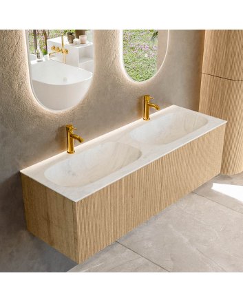 Mondiaz Kurve-Dlux 140cm badmeubel kleur Oak met 2 lades en 0 deuren. Wastafel Stor small Dubbel 2 kraangaten Opalo.