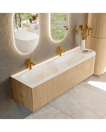Mondiaz Kurve-Dlux 165cm badmeubel ronding Rechts kleur Oak met 2 lades en 1 deur. Wastafel Stor small Dubbel / Links 2 kraangaten Ostra.
