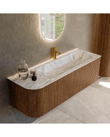 Mondiaz Kurve-Dlux 135cm badmeubel ronding Links kleur Walnut met 1 lade en 1 deur. Wastafel Big medium Rechts 1 kraangat Glace.