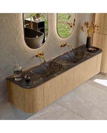 Mondiaz Kurve-Dlux 180cm badmeubel ronding Links + Rechts kleur Oak met 2 lades en 2 deuren. Wastafel Leaf Dubbel zonder kraangat Lava.