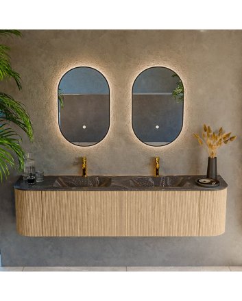 Mondiaz Kurve-Dlux 180cm badmeubel ronding Links + Rechts kleur Oak met 2 lades en 2 deuren. Wastafel Leaf Dubbel 2 kraangaten Lava.